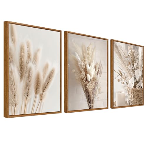 Lote de 3 Enmarcado Cuadro Moderno Boho Beige Hierba de la...